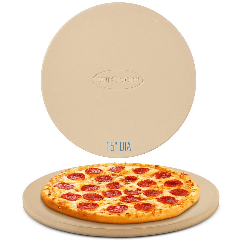 Unicook Pizza Stone for Grill Oven, 15 Inch Round Baking Stone, Heavy Duty Cordierite Bread Cooking Pan, Thermal Shock Resistant, Ideal for Making Crisp Crust Pizza, Bread and More, Includes Scraper - Image 1